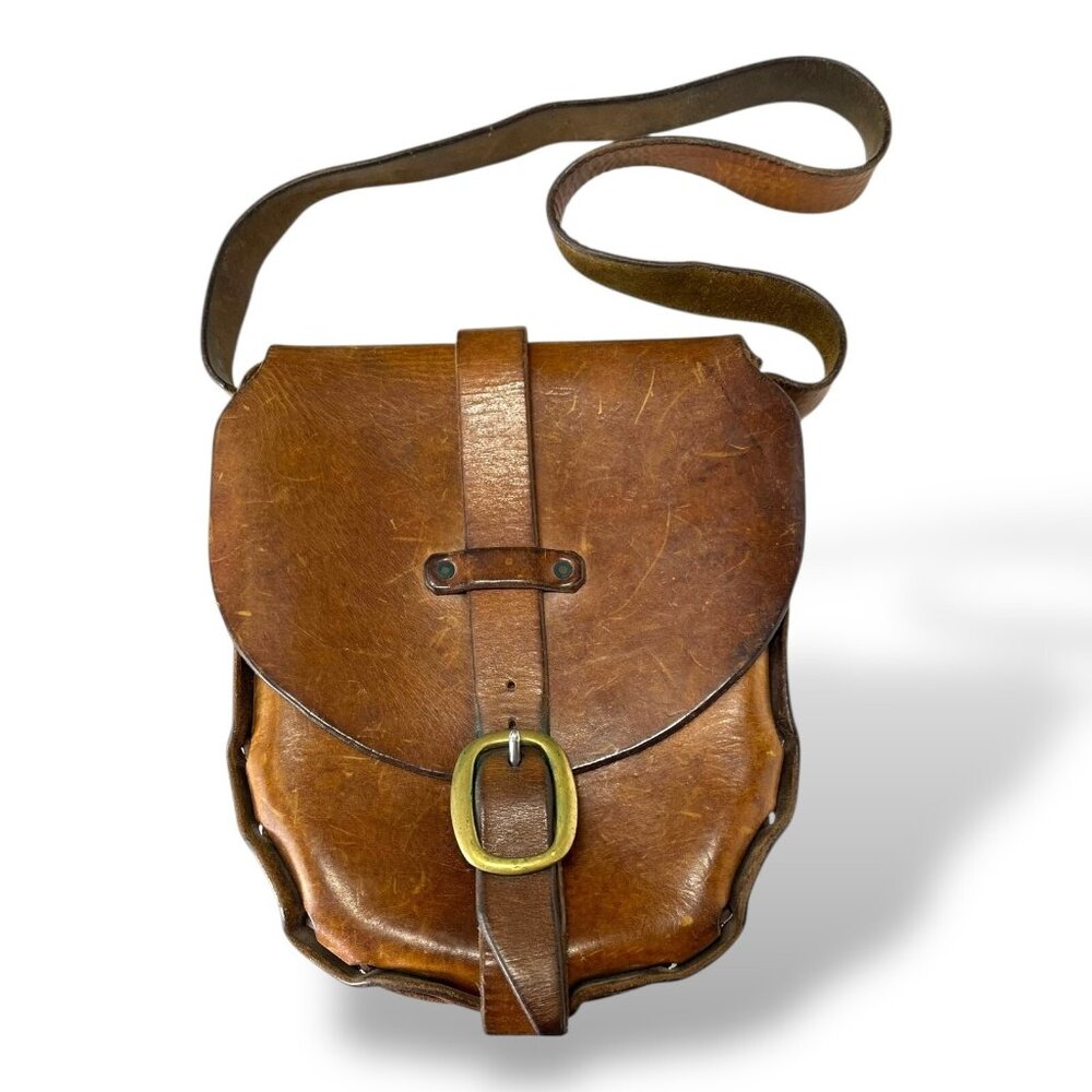 VTG True Hippy 60s Hand Made Brown Leather Shoulder Bag w/ Brass Buckle 11"
